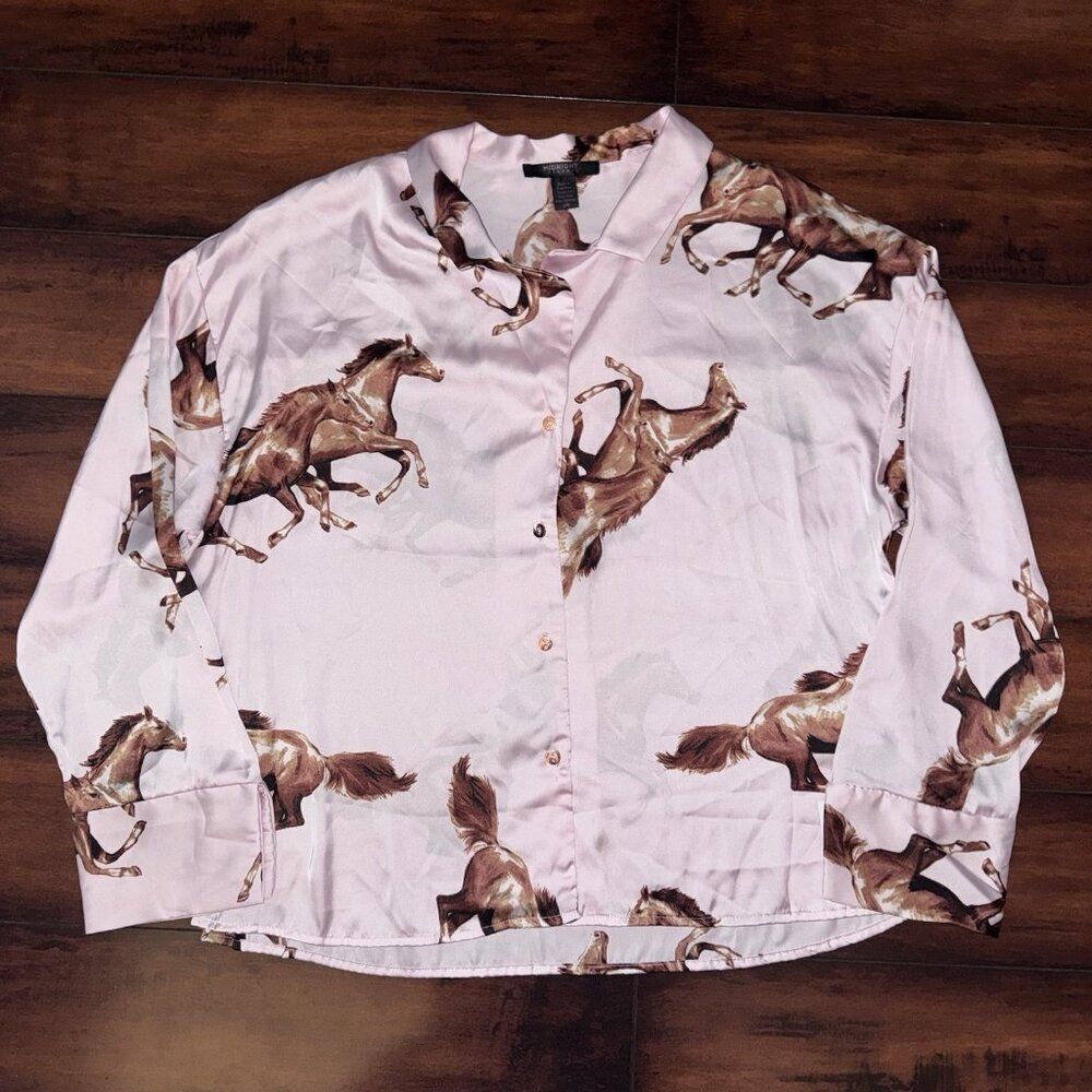 Midnight Bakery Pink Satin Wild Horse Equestrian Western Pajama Top Women’s L